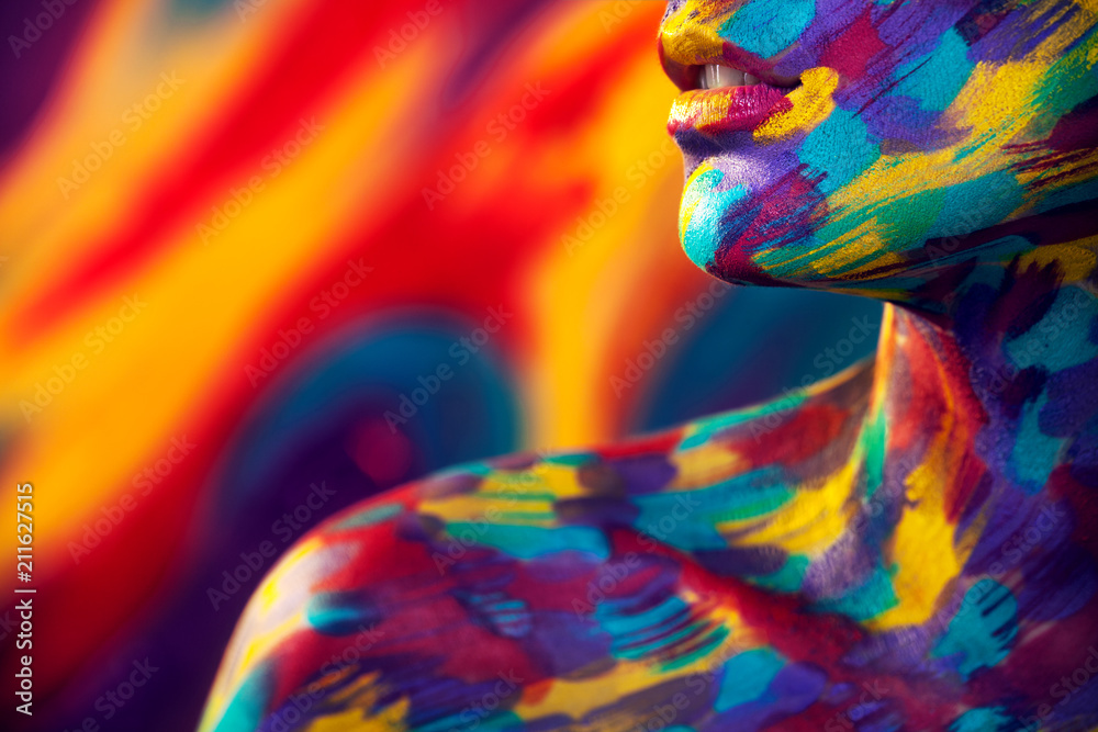 Portrait of the bright beautiful woman with art colorful make-up and bodyart - obrazy, fototapety, plakaty 