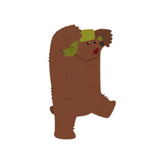 Poster - Male brown bear character in green earflap cartoon vector Illustration on a white background