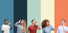 Group Of People Over Vintage Colors Background Shouting And Screaming Loud To Side With Hand On Mouth. Communication Concept.