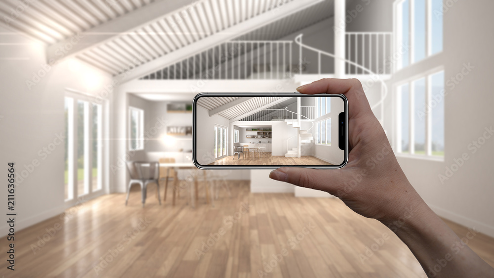 Hand holding smart phone, AR application, simulate furniture and interior design products in real home, architect designer concept, blur background, modern living room with kitchen - obrazy, fototapety, plakaty 