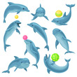 Cute blue dolphins set, dolphin jumping and performings tricks with ball for entertainment show vector Illustration on a white background
