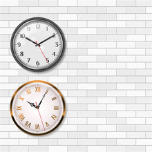 Antique Gold Wall Clock And Round Quartz Analog Wall Clock On White Brick Wall. Empty Space For Your Text. Vector Art.