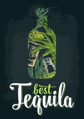 Wall Mural - Bottle tequila with glass, cactus, salt, lime. Best Tequila lettering.