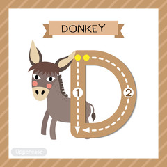 Wall Mural - Letter D uppercase cute children colorful zoo and animals ABC alphabet tracing flashcard of Donkey for kids learning English vocabulary and handwriting vector illustration.