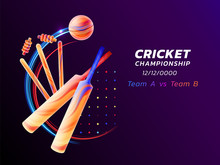 Vector Abstract Illustration Of Cricket Sport From Colored Liquid Splashes And Brush Strokes With Neon Lines And Colored Dots. Championship And Competition Concept. Sport Equipment.
