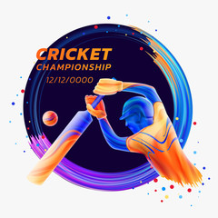 Wall Mural - Vector abstract illustration of batsman playing cricket from colored liquid splashes and brush strokes with colored dots. Championship and competition sports. 3d player silhouette.