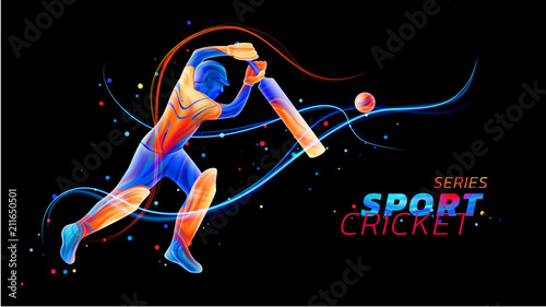 Cuadros en Lienzo Vector abstract illustration of batsman playing cricket from colored liquid splashes and brush strokes with neon lines and colored dots