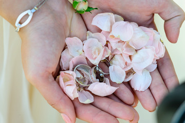 Unidentified bride holding pink petals and engagement rings, clo