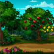 © Lady-Luck - A garden with ripe fruit. Vector cartoon close-up illustration.
