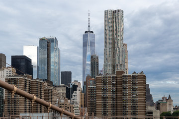 New York City / USA - JUN 20 2018: Skyscraper and old buildings in the Financial District of Lower Manhattan in New York City