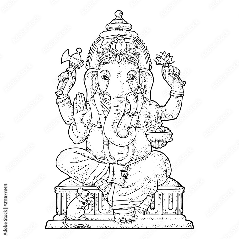 Ganpati with mouse for poster Ganesh Chaturthi. Engraving vintage vector - obrazy, fototapety, plakaty 