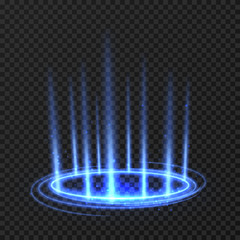 Wall Mural - energy spinning circle with blue glowing rays. fantasy portal, magic twirled teleport on floor iod v