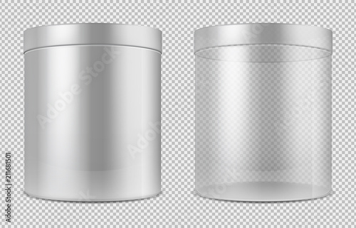 Cuadros en Lienzo Cylinder empty transparent glass and white cans