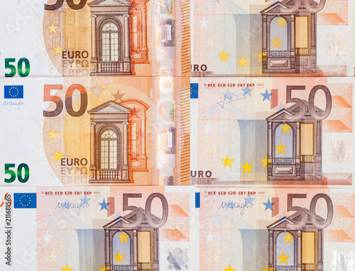 Fotografía Close up top view of fifty euro banknotes bills