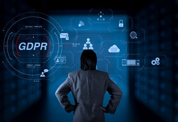 Poster - GDPR. Data Protection Regulation with Cyber security and privacy virtual diagram.businessman working in server room.
