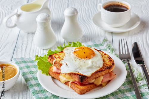 Cuadros en Lienzo hot french toasts croque madame, close-up