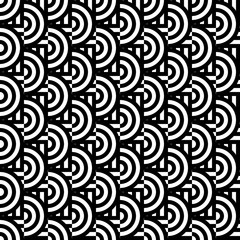 Wall Mural - Seamless pattern with circles and striped black white straight lines. Optical illusion effect. Geometric tile in op art style. Vector illusive background for cloth, textile, print, web.