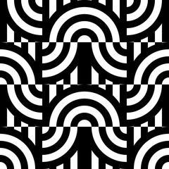 Wall Mural - Seamless pattern with circles and striped black white straight lines. Optical illusion effect. Geometric tile in op art style. Vector illusive background for cloth, textile, print, web.