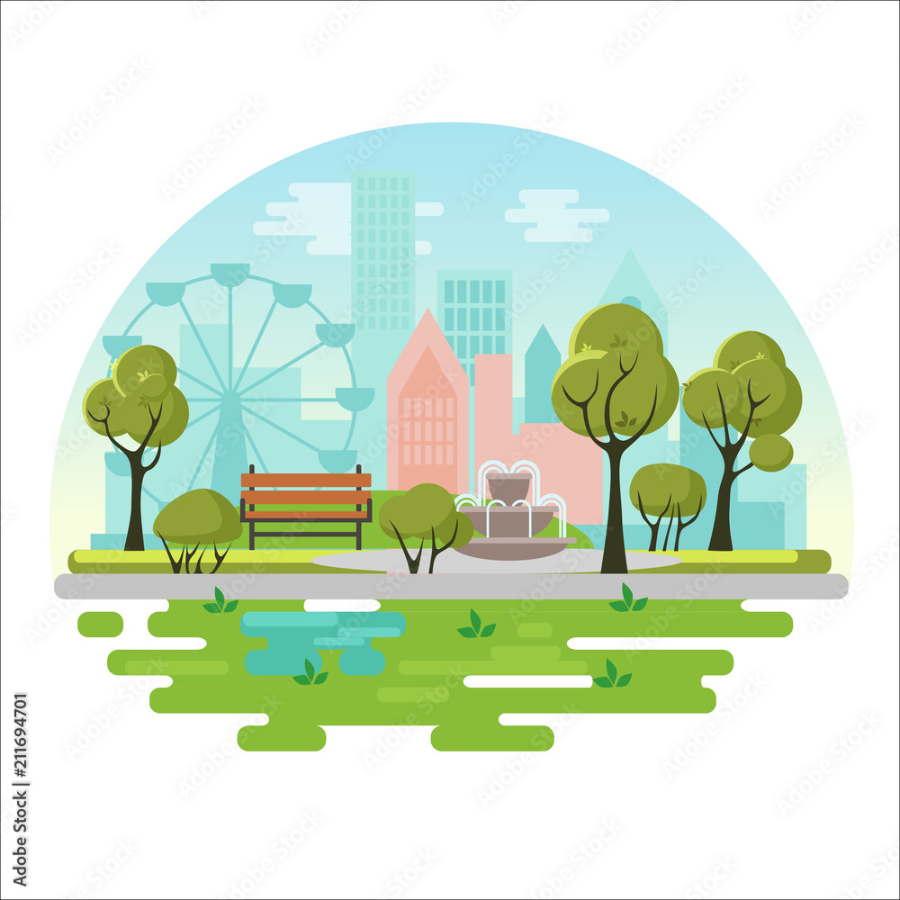 City public park vector illustration concept poster with bench, trees ...