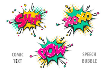 Wall Mural - shh, xoxo, pow pop art style set hand drawn sound effects template comics book text speech bubble. h