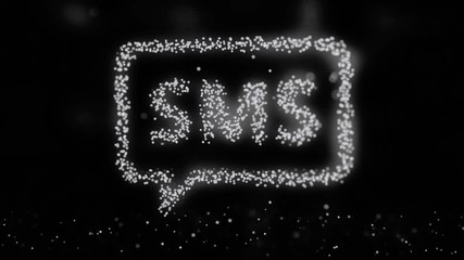 Poster - Animation of flying flickering particles form a mailing sign or message symbol on dark background with earth map from dots. animation of pulsating dots and messaging icons connected by strings