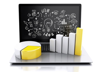 Poster - 3d Laptop with charts and graph. Business success concept. Isolated on white background