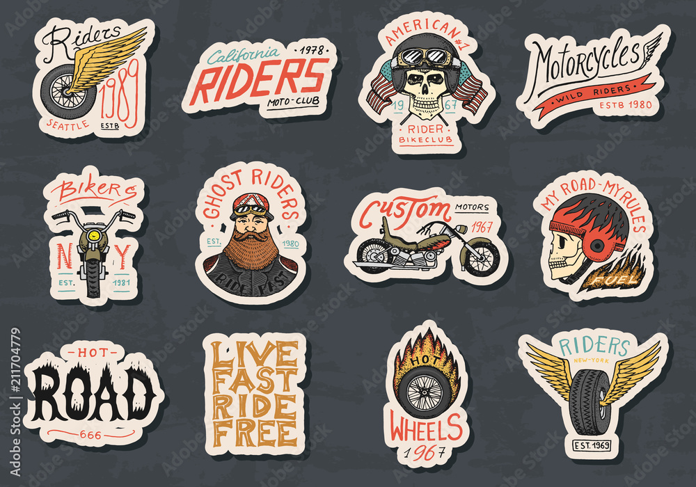 Biker club stickers templates. Vintage custom Motorcycle and skull emblems, labels badges for t shirt. Monochrome retro style. Classic sport motorbike with racing gasoline. Hand drawn engraved sketch.