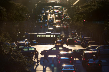 Sticker - Traffic on 42nd Street through Midtown Manhattan at rush hour in New York City