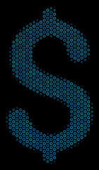 Wall Mural - Halftone Dollar mosaic icon of circle bubbles in blue shades on a black background. Vector round spheres are organized into dollar mosaic.