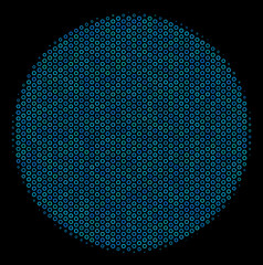 Wall Mural - Halftone Filled circle composition icon of spheres in blue color tints on a black background. Vector spheric parts are combined into filled circle composition.