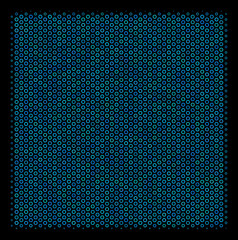 Wall Mural - Halftone Filled square mosaic icon of empty circles in blue color tinges on a black background. Vector empty circles are organized into filled square mosaic.