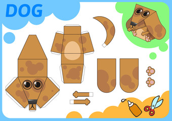 Funny Dog paper model. Small home craft project, DIY paper game. Cut out, fold and glue. Cutouts for children. Vector template.