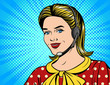 © yana_atchori - Vector colorful comic style illustration of a beautiful woman in headphones making a call. Face of young pretty girl working at call center