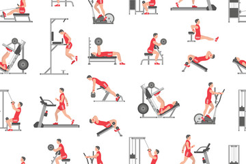 Seamless pattern with men doing exercises, flat style. isolated on white background