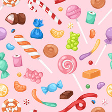 Cartoon Sweet Bonbon Sweetmeats Candy Kids Food Sweets Mega Collection Seamless Pattern Background