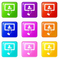 Poster - Touch screen tablet with click hand in simple style isolated on white background vector illustration