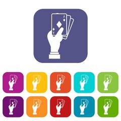 Poster - Hand holding playing cards icons set vector illustration in flat style in colors red, blue, green, and other