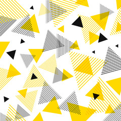 Abstract modern yellow, black triangles pattern with lines diagonally on white background.