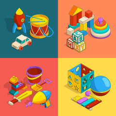 Poster - four thematic groups of preschool children toys. vector isometric illustrations