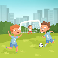 Wall Mural - Active children playing football outdoor