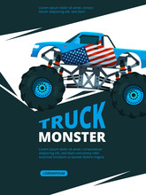 Monster Truck Poster. Design Template Of Retro Placard With Illustration Of Monster Truck