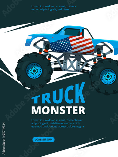 Obrazy Monster truck  plakat-monster-trucka-szablon-projektu-retro-afisz-z-ilustracja-monster-trucka