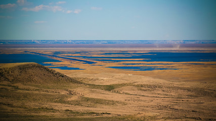 Landscape of Sudochye lake aka part of former Aral sea at Urga fishing village, Karakalpakstan, Uzbekistan