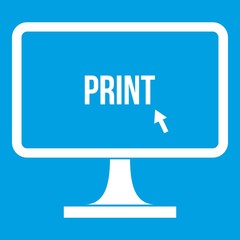 Poster - Print word on a computer monitor icon white isolated on blue background vector illustration
