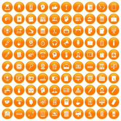 100 work space icons set in orange circle isolated on white vector illustration