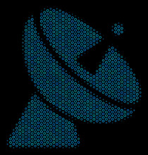 Halftone Radio Telescope Composition Icon Of Circle Elements In Blue Color Hues On A Black Background. Vector Spheric Points Are Combined Into Radio Telescope Composition.