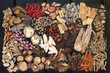 Traditional chinese herbs used in alternative herbal medicine on dark wood background. Top view.