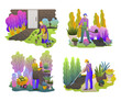 Gardeners set. Men working in the garden. People with plants and tools work outdoor and in the greenhouse. Vector illustration 