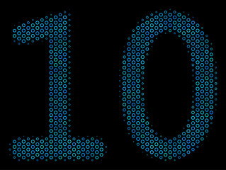 Wall Mural - Halftone Ten digits text collage icon of spheric bubbles in blue color tones on a black background. Vector spheric parts are organized into ten digits text collage.