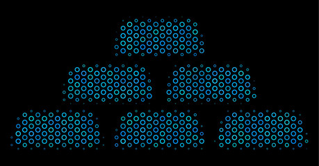 Wall Mural - Halftone Treasure bricks collage icon of spheric bubbles in blue shades on a black background. Vector circle bubbles are combined into treasure bricks collage.